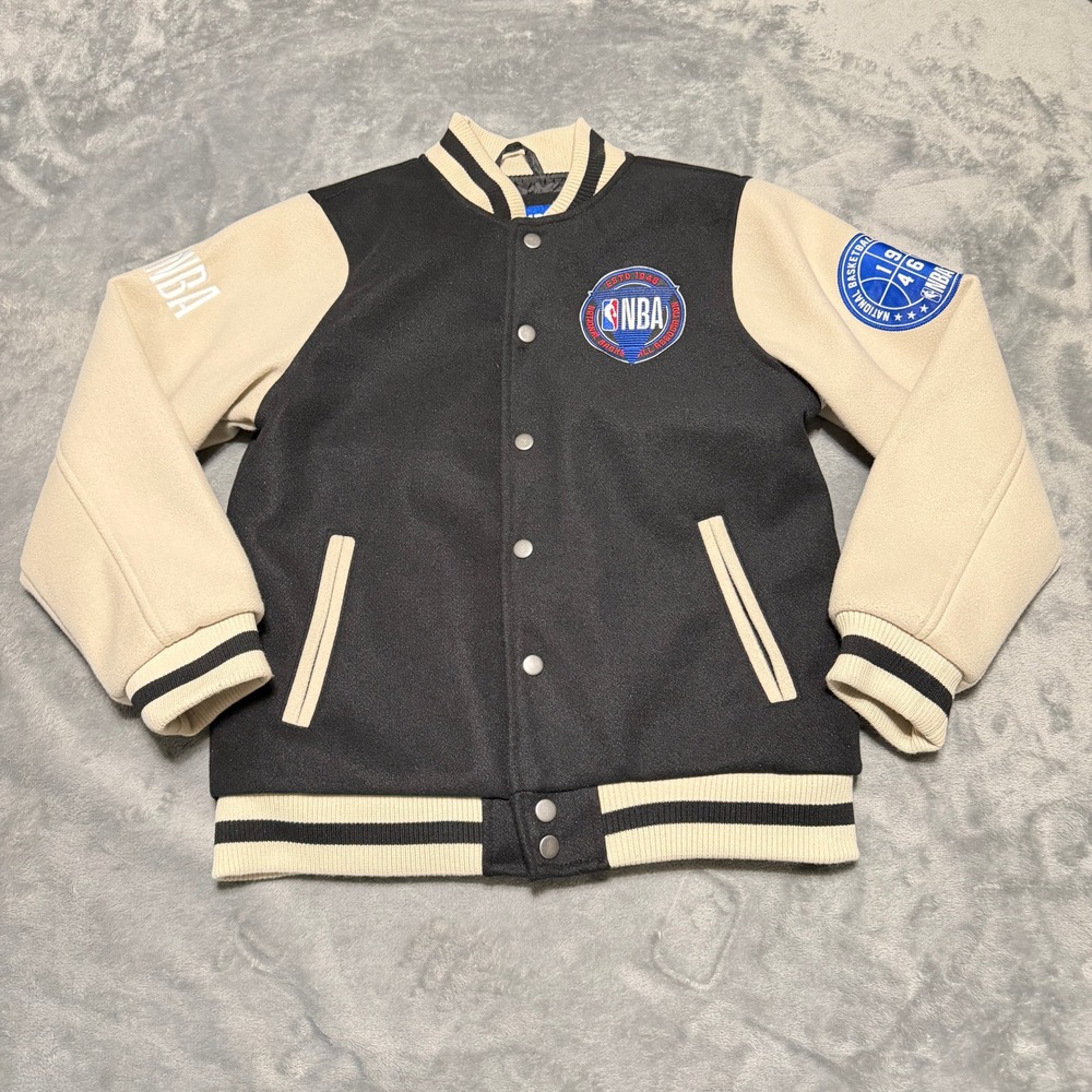 NBA Kids Size 14-16 Varsity Jacket Black Cream Letterman Icer Brands